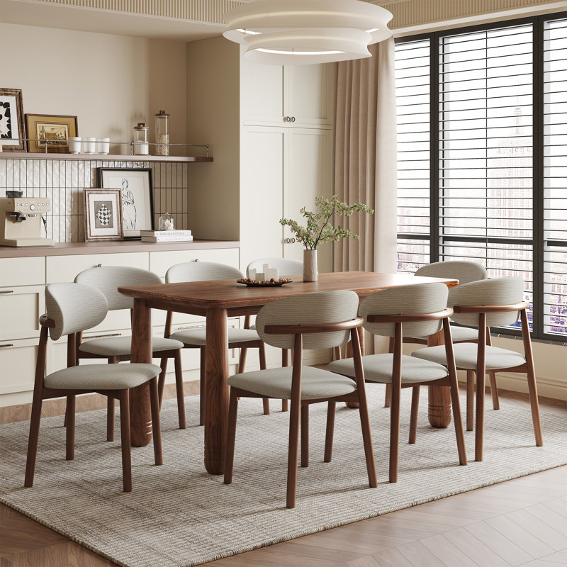Ensemble de 4 chaises de salle à manger en bois massif, structure en noyer et assise rembourrée en chenille beige, chaises de style campagnard pour cuisine ou salle à manger, renforts métalliques en forme de X, montage facile