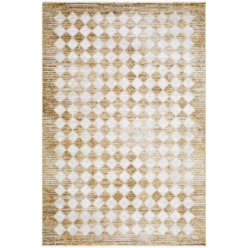 Taupe and Cream Rectangular Synthetic Checkered Area Rug