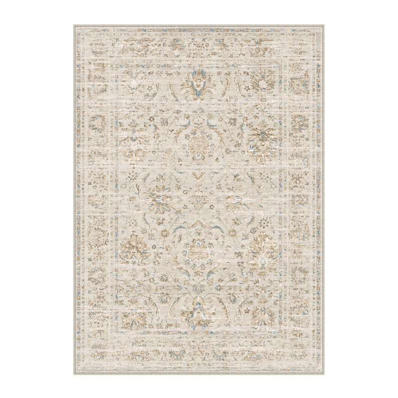 Quinn Vintage Washable Area Rug With Non-Slip Backing, Rectangle 6' x 9', Beige