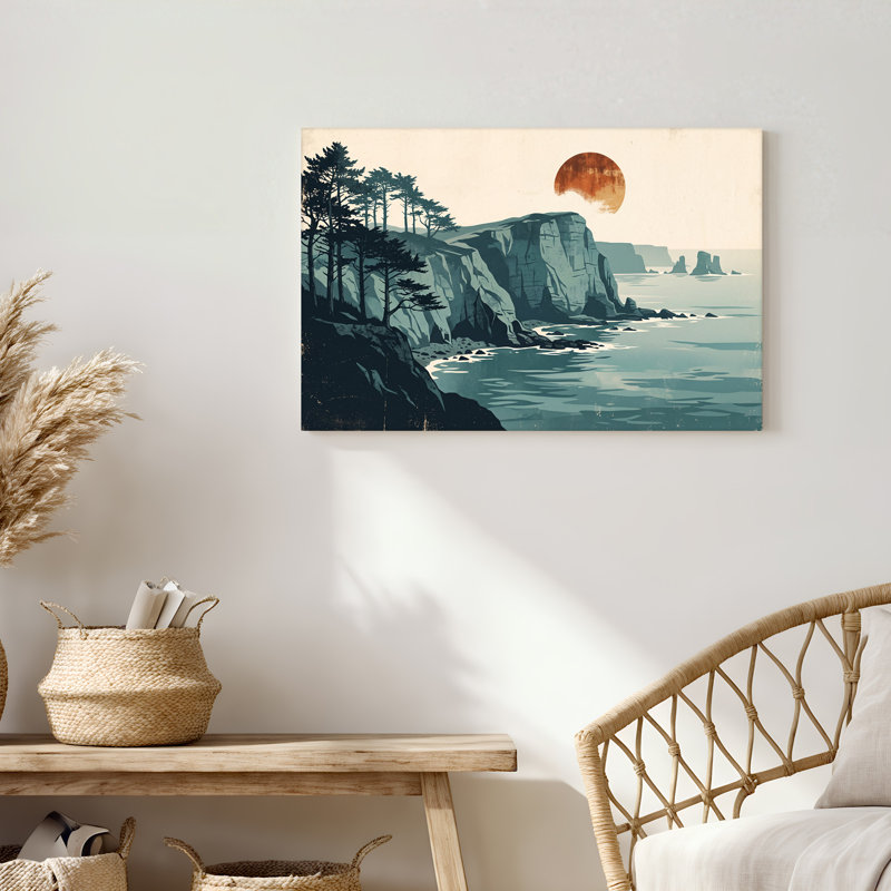 Art mural toile sarcelle, falaises côtières et soleil rouillé, H 20 po x l 30 po