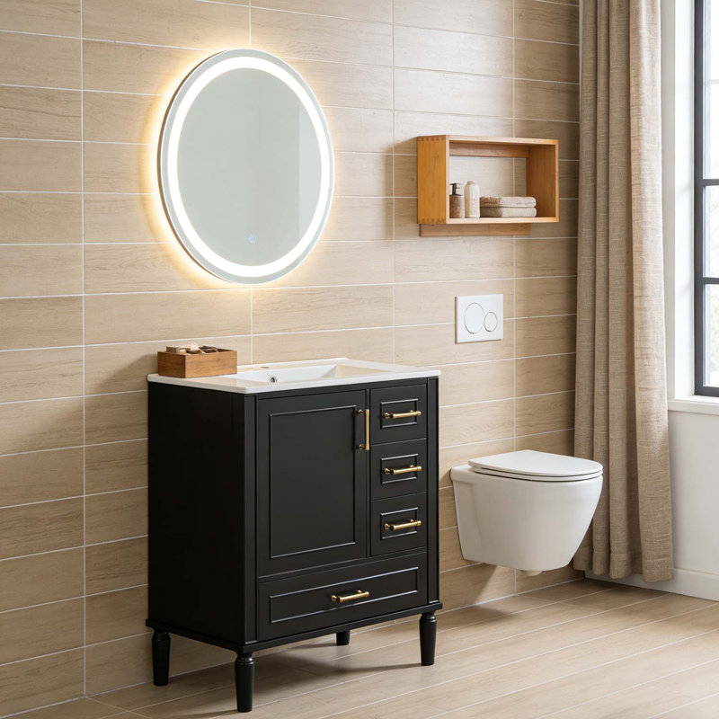 Meuble-lavabo moderne avec lavabo en céramique pour salle de bain compacte, H 34 po x l 30 po x P 18,3 po, Noir