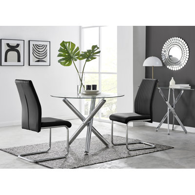 Seline Modern Round Dining Table Set in Glass and Chrome with 2 Upholstered Faux Leather Chairs