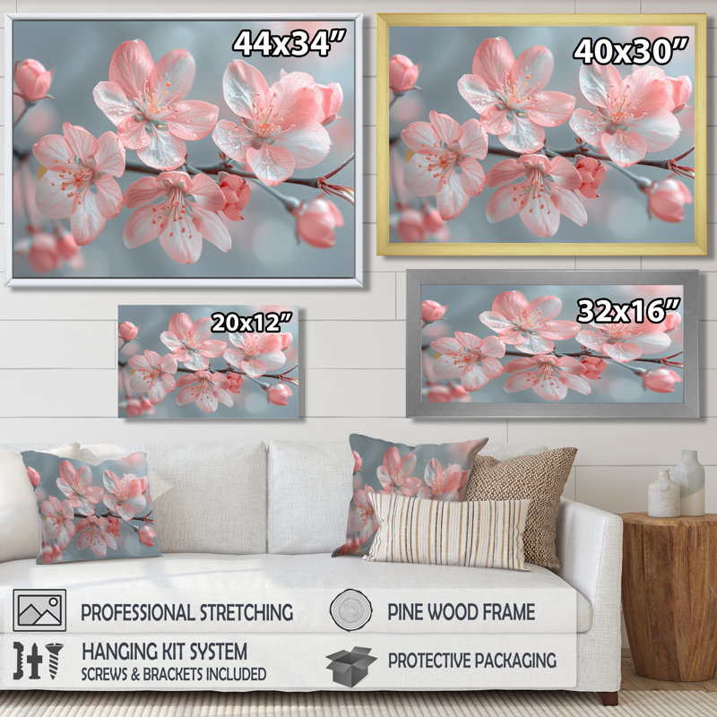  «Rose Apple Blossom Spring Awakening I - Art mural fleur de pommier, Cadre flottant blanc, H 34 po x l 44 po