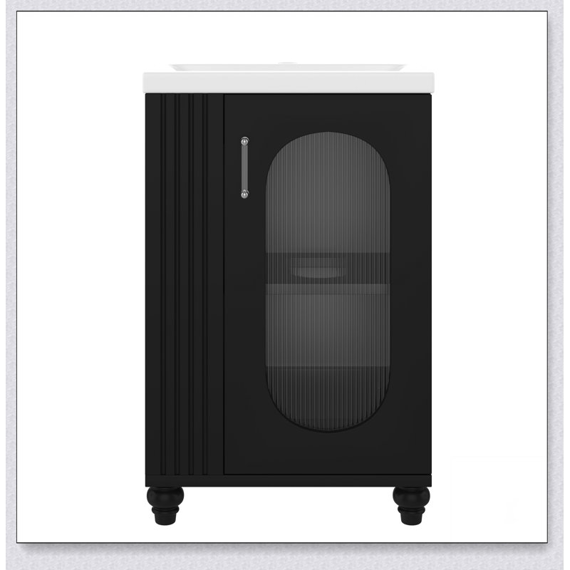 Meuble-lavabo de 20 po avec lavabo, meuble-lavabo avec tablette à deux niveaux, tablette réglable, bois massif et panneau de fibres à densité moyenne, noir