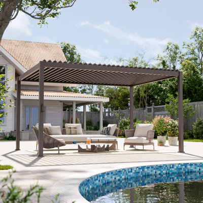 Pergola d'extérieur à structure métallique avec toit à persiennes réglable et système de drainage d'eau dissimulé