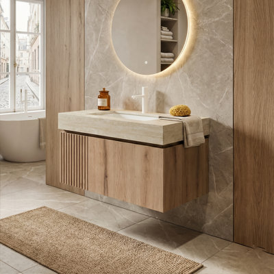 30" Modern Floating Vanity, Sintered Stone Top (Light Gray / Travertine) With Ceramic Sink & Plywood Cabinet (White Oak / Brown Oak) & 1 Drawer