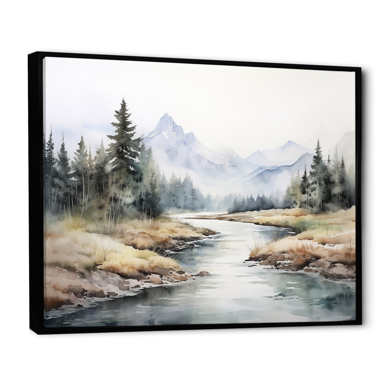 " River Mountain In Minimal Canada II " Watercolor Print, 30" H x 40" W, Black Floater Framed