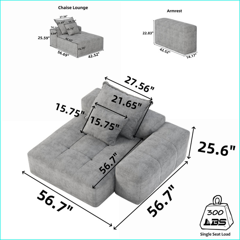 Canapé modulaire, surdimensionné moderne en chenille étincelante et modulaire avec 2 coussins, sans assemblage | Mousse et ressort | Bleu marine