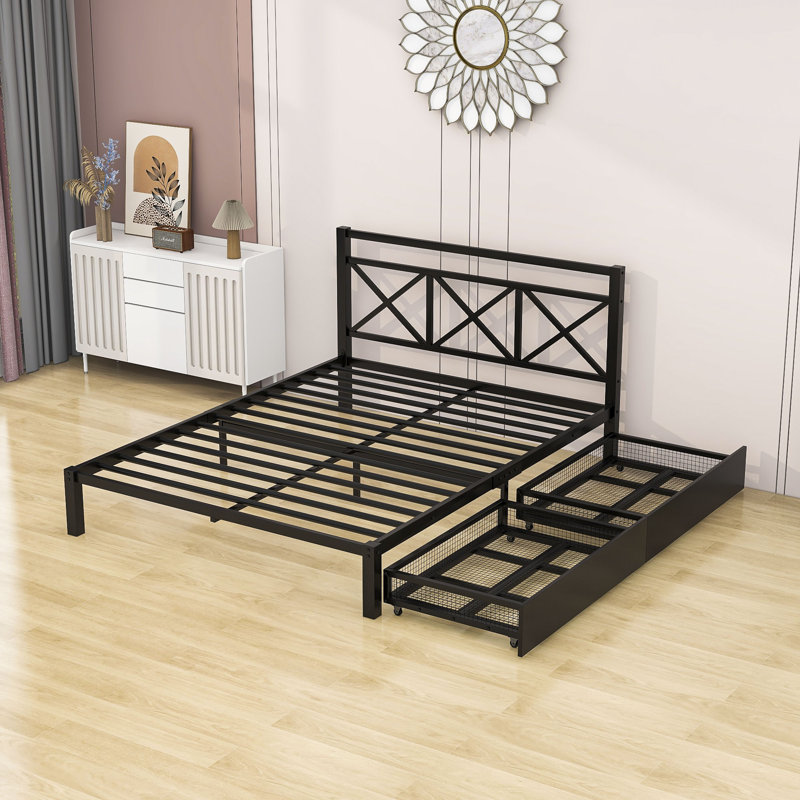 Metal Platform Bed with 2 Drawers, Queen