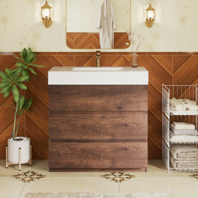 35.8'' Freestanding Single Sink Bathroom Vanity with Solid Surface Top