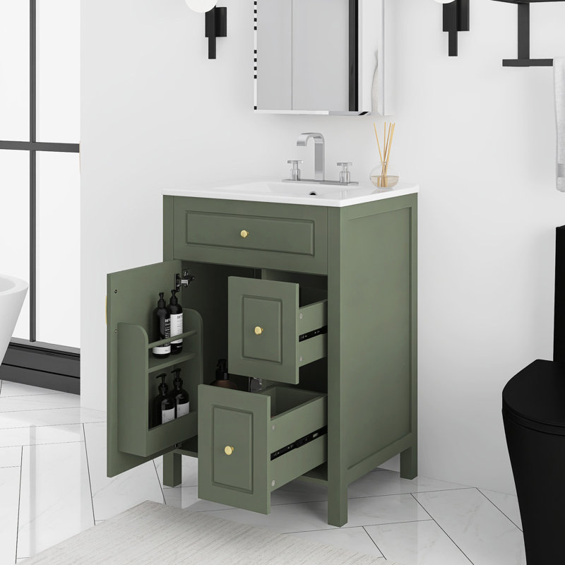 24'' Freestanding Bathroom Vanity With Integrated Ceramic Top, Green