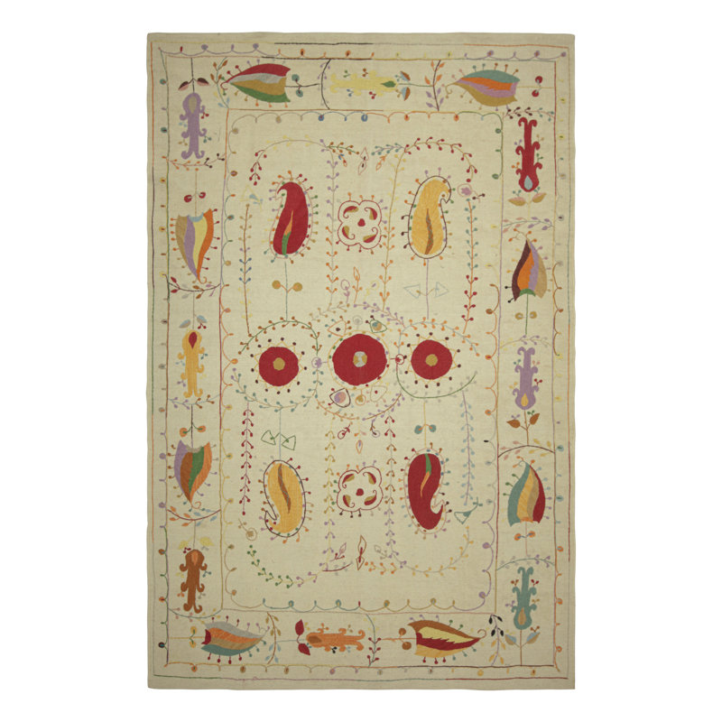 Rug & Kilim’S Suzani Style Kilim In Cream With Polychrome Paisleys And Florals
