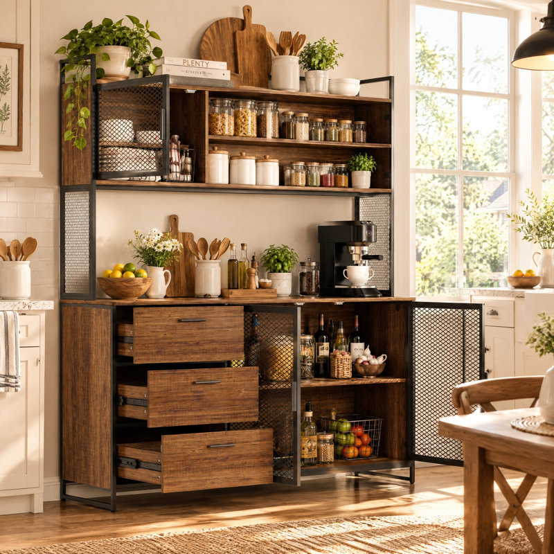 59" Wide Kitchen Pantry Cabinet with 3 Drawers and Open Shelves, Brown/Black