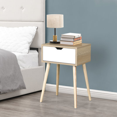 Table d'appoint de style Mid-Century moderne avec 1 tiroir et pieds en bois d'hévéa, armoire de rangement de couleur unie blanche pour la chambre à coucher et le salon, mobilier à l'apparence tendance et facile à assembler