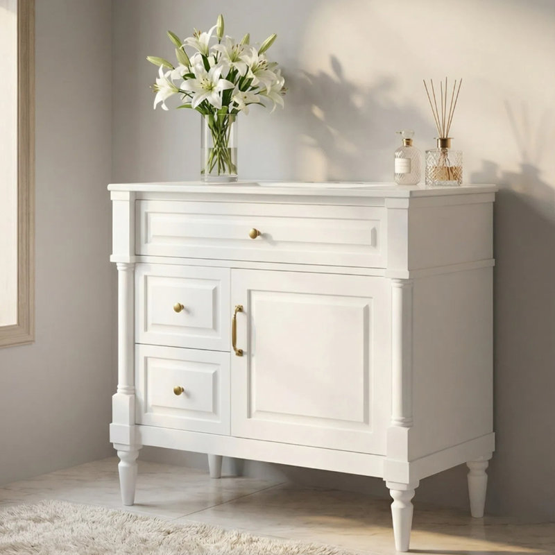 36" Bathroom Vanity with Sink, White, White