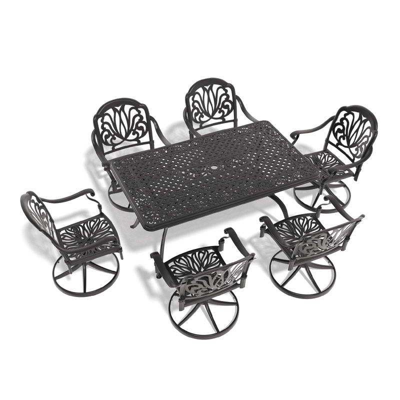 Ensemble de salle à manger 7 pièces en fonte d'aluminium toutes saisons, comprenant 6 chaises pivotantes et une table rectangulaire avec cadre noir, trou pour parasol