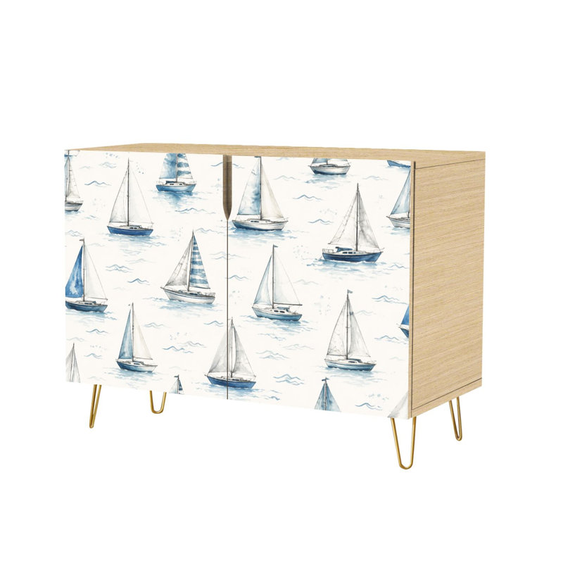 Buffet Buffet avec rangement Aquarelle Voiliers Bleu Blanc Calme Mer avec 2 portes pour le salon et la cuisine