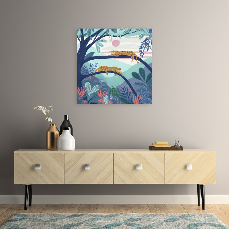 «Lounging Leopards Dreamy Peaceful Serene Cat Forest Landscape», reproduction d'art mural, 32" H x 32" W