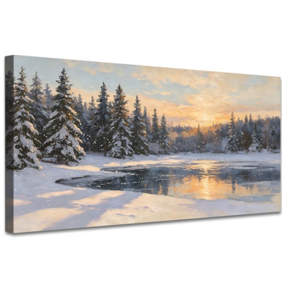 Neutral Winter Snow River Canvas Wall Art, Rustic Snowy Landscape Print, Tranquil Seasonal Forest Scene Painting, Textured Artwork Decoration for Living Room Bedroom Christmas Wall Decor, 24x47 inches