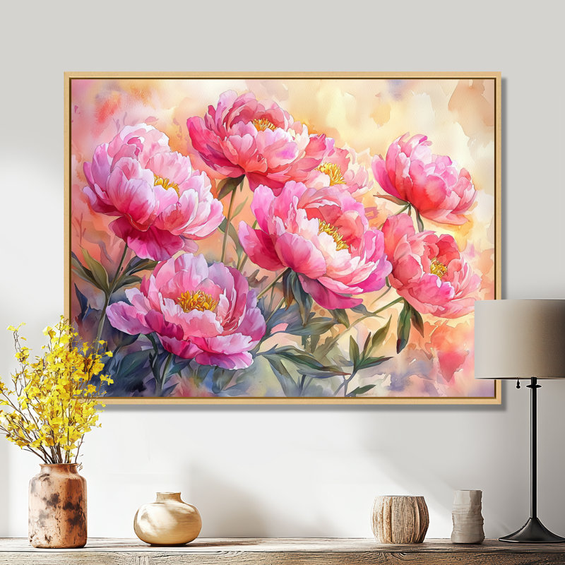 Ilhom pivoines au lever du soleil II - pivoines, art mural, H 30 po x l 40 po, Impression encadrée flottante, Crème, crème
