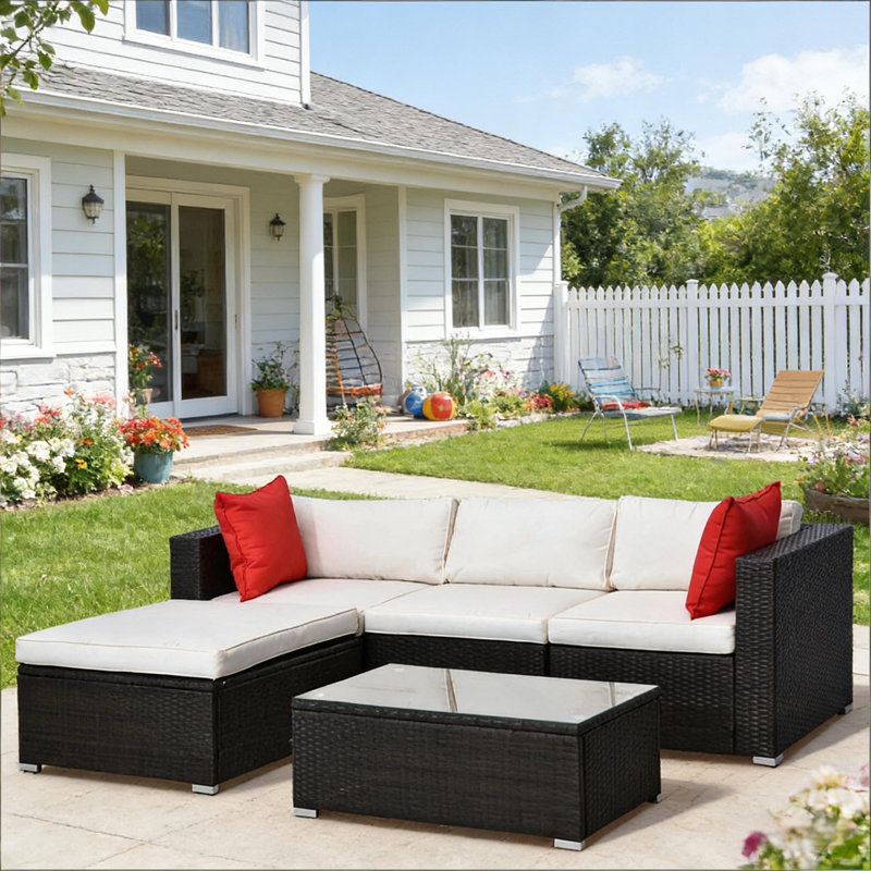 Modern Outdoor Furniture Conversation Sets,5-Piece Patio Furniture Set,Outdoor Sectional Sofa Set, White, Brown;Cream White