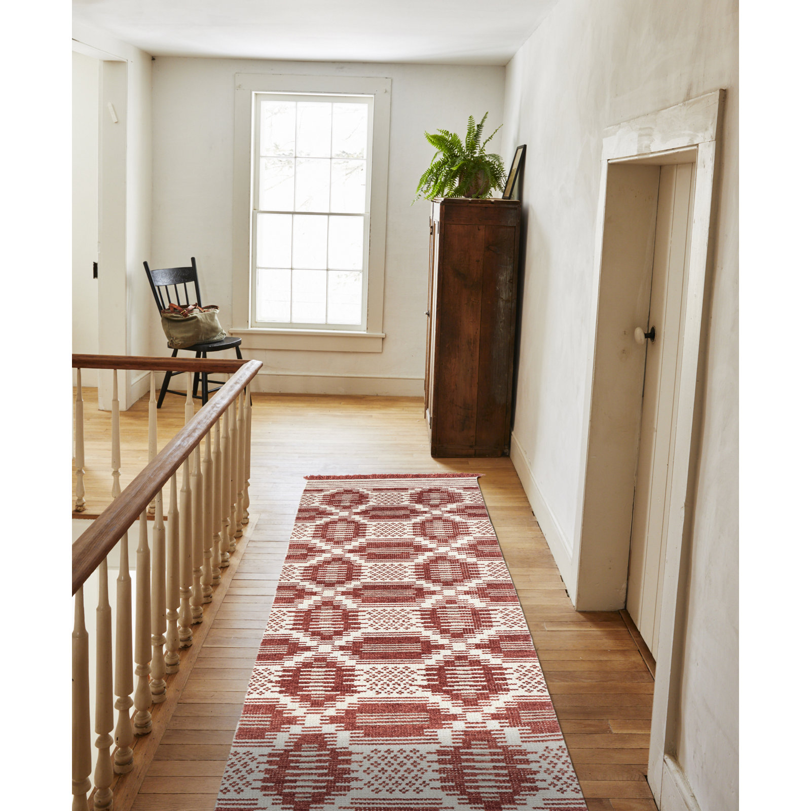 Caden Red White Hand-Knotted Geometric Rug, Runner 2' x 8'