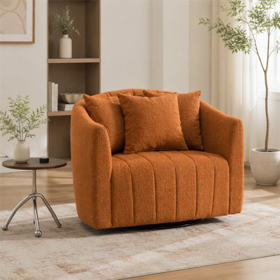 Fauteuil demi-tonneau pivotant à 360 ° de 39,2 po de largeur, 3 coussins, forme de citrouille matelassée en chenille, orange, pour le salon / chambre à coucher / bureau / salon.