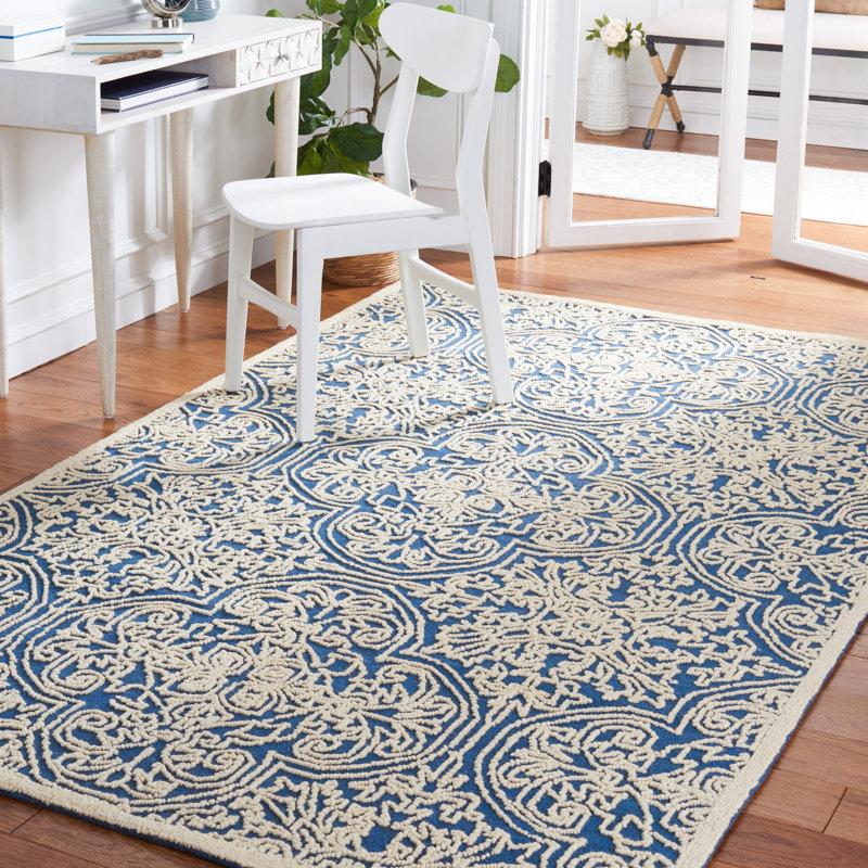 Marys Trace Hand Tufted Wool And Cotton With Latex Floral Rug, Rectangle 4' x 6', Blue
