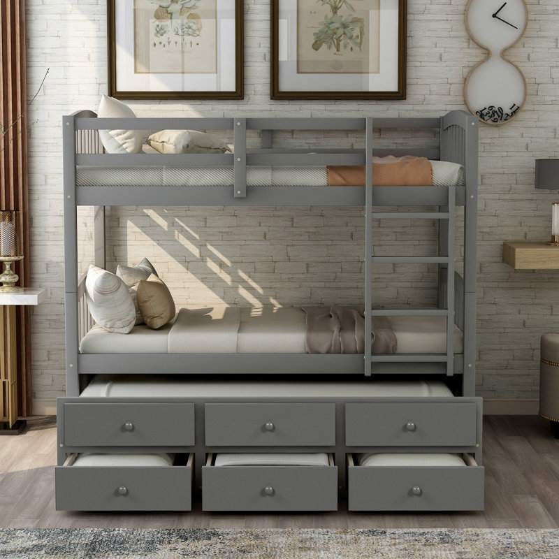 Lit superposé simple avec échelle, barrière de sécurité, lit gigogne simple à 3 tiroirs pour chambre à coucher, mobilier de chambre d'amis (gris) (ANCIEN SKU: LP000071AAE)