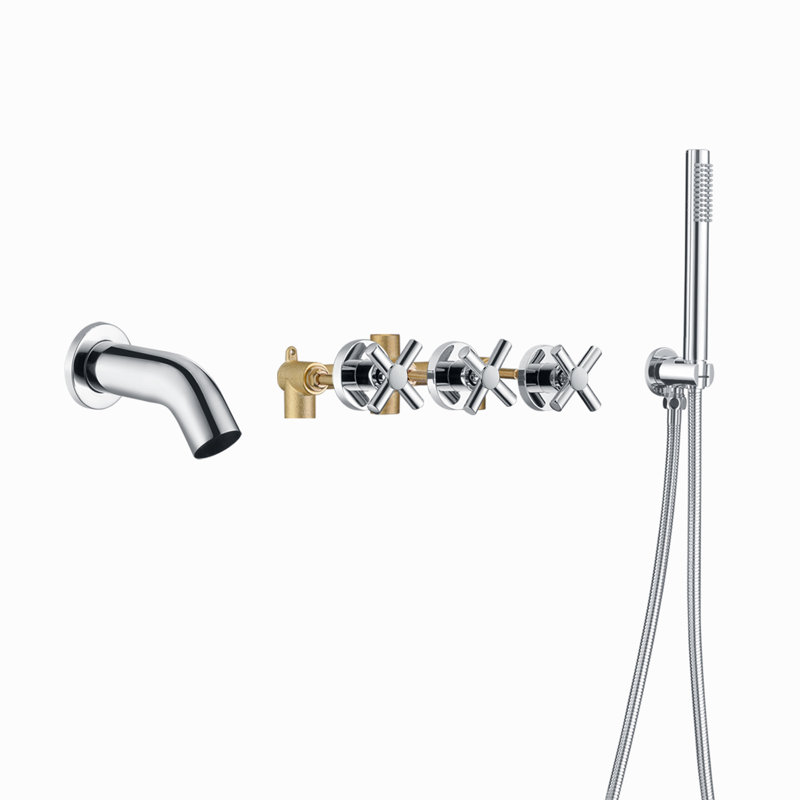 Triple Cross Handle Bathtub Faucet,Waterfall Bath Tub Faucet with Handheld Shower, Chrome