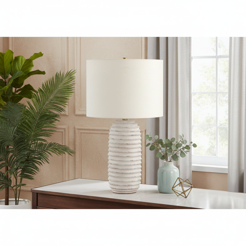 Lighting, H 28 po, lampe de table, résine crème, abat-jour ivoire / crème, transitionnel