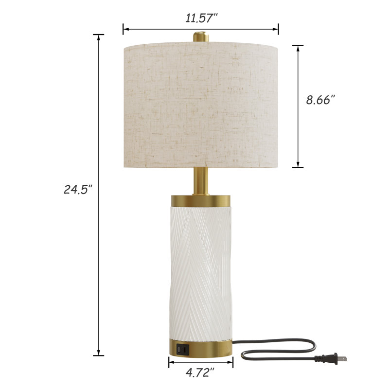 24.5" White Ceramic Table Lamp, Modern Bedside Nightstand Lamp Set for Living Room, USB Ports (Set of 2), White, White