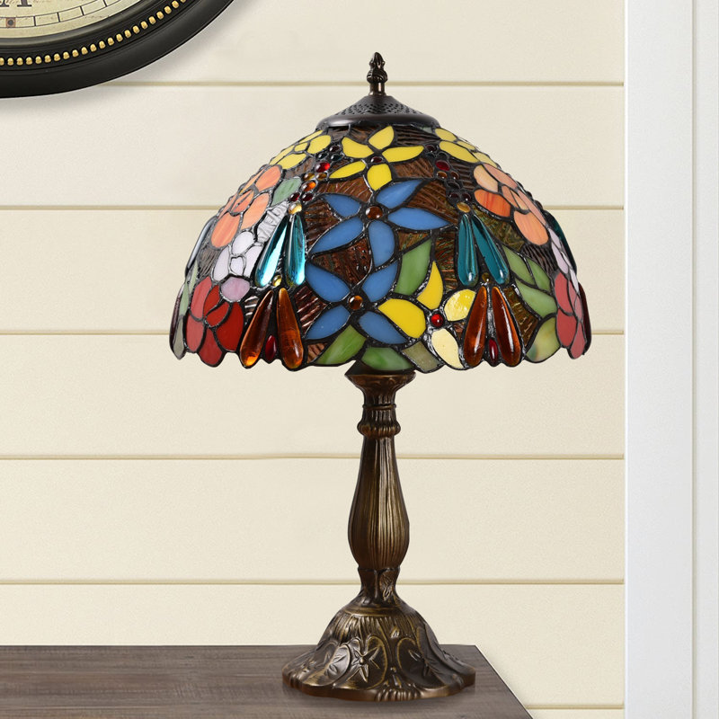 Lampe de table avec base en résine, grande lampe de bureau style campagne Tiffany de 15 po de hauteur