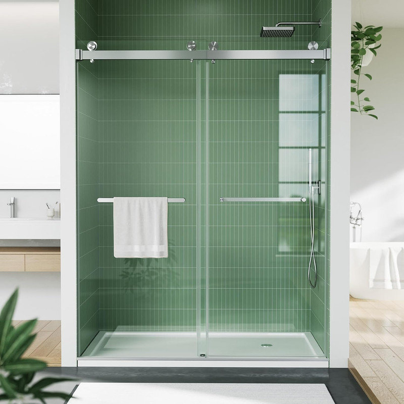 Frameless Sliding Shower Glass Door 59-74" H, 6mm Tempered Glass with Stainless Steel Track, Silver