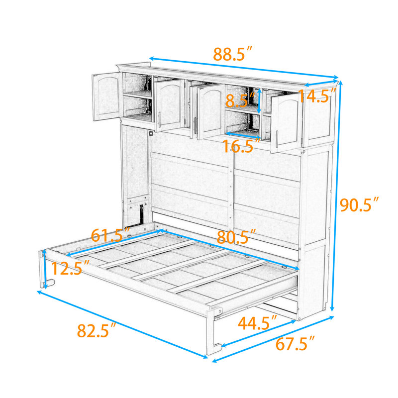 Murphy Bed with Space-Saving Comfort Shelves, White, Queen