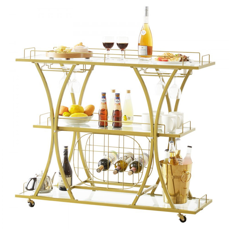 3 Tiers Gold Metal Bar Serving Cart with Wine Rack Glass Holder 180 LBS
