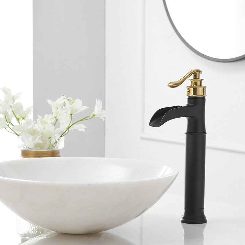 Harmony Fusion Single Handle One Hole Waterfall Bathroom Vessel Faucet With Pop Up Drain, Gold Black