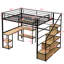 Lit mezzanine double en métal noir avec escalier et bureau / tablettes fonctionnels - construction, escalier moderne sans sommier, bureau et tablettes