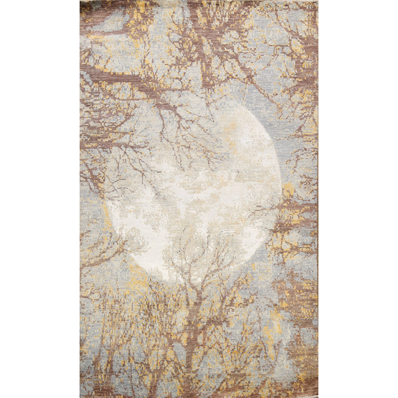 Tapis gris / brun / or noué à la main de conception unique 5 pi 6 po x 8 pi 7 po New Age