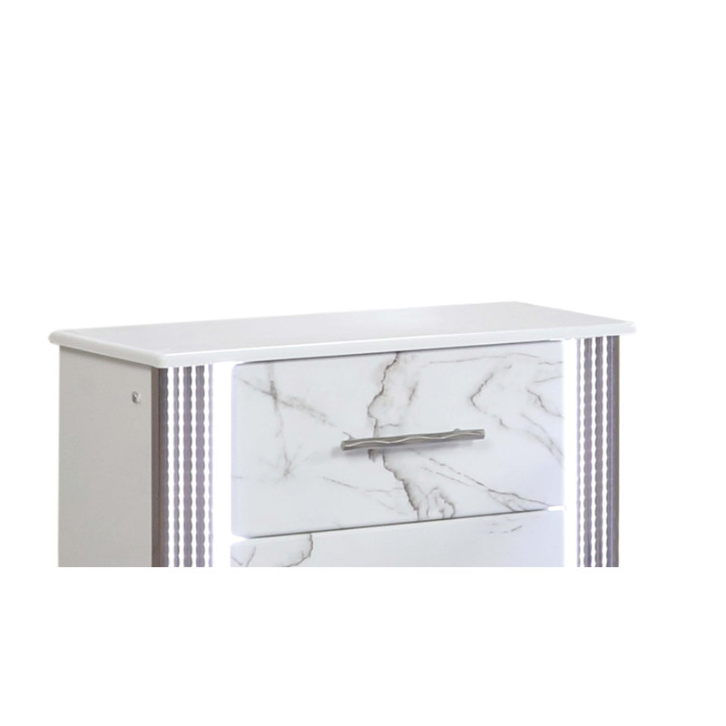 Table de chevet Desire - Façades de tiroirs d'inspiration marbre, éclairage latéral à DEL et garniture métallique pour un rangement de chevet glamour et pratique