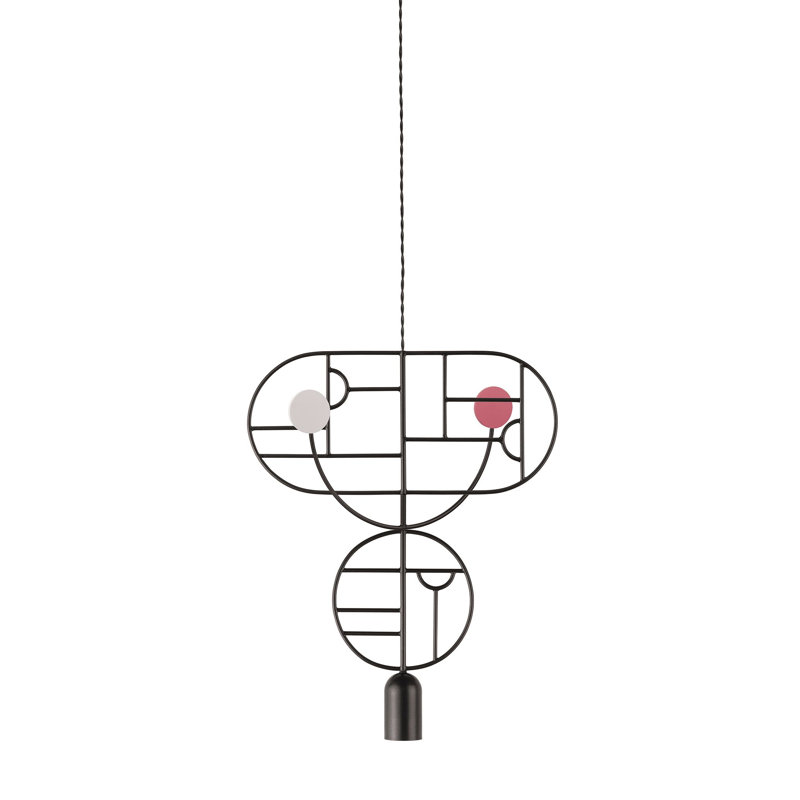Luminaire suspendu géométrique unique à 1 lumière H 21,65 "à pois en bois avec 1 tige courbée, Noir, Blanc / rose