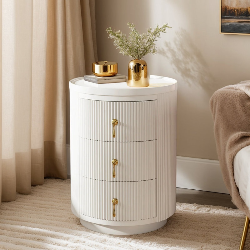 Table de chevet ronde en bois à 3 tiroirs avec rangement, table d'appoint latérale autoportante pour la chambre à coucher et le salon