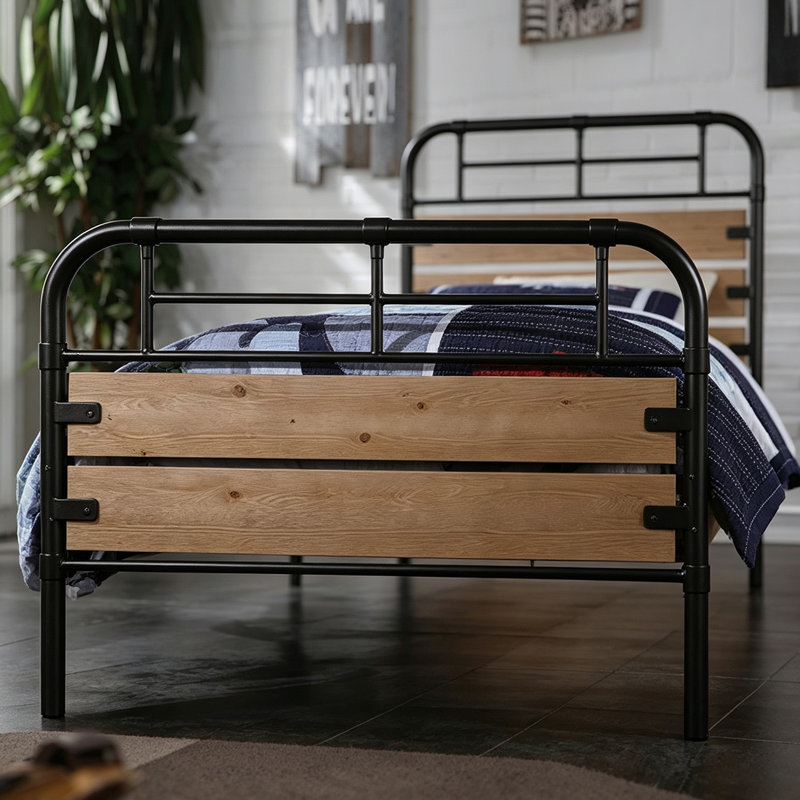 Lit plateforme double de style industriel rustique en métal et bois
