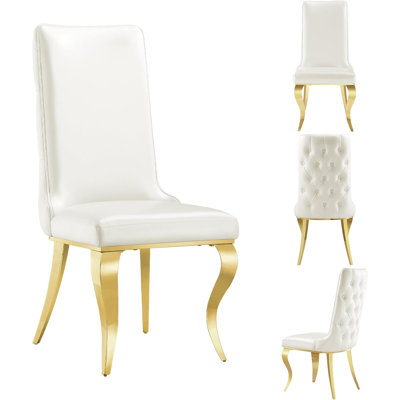 Ensemble de 4 chaises de salle à manger en cuir blanc et boutons dorés avec pieds en métal