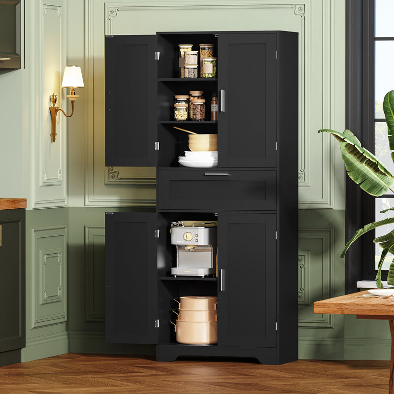 Grande armoire de rangement pour garde-manger 67 po Jymari, 1 grand tiroir et 2 grandes armoires, Argent, Noir