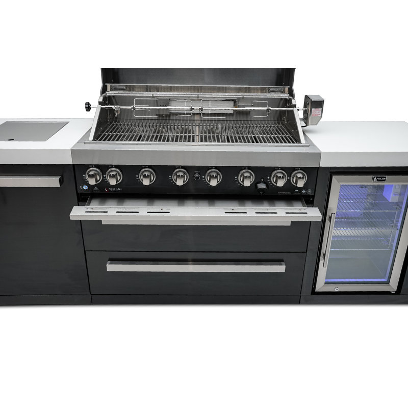 Mont Alpi 6-Burner 115000 BTU Black Stainless Steel Outdoor Kitchen Island BBQ Grill + Refrigerator