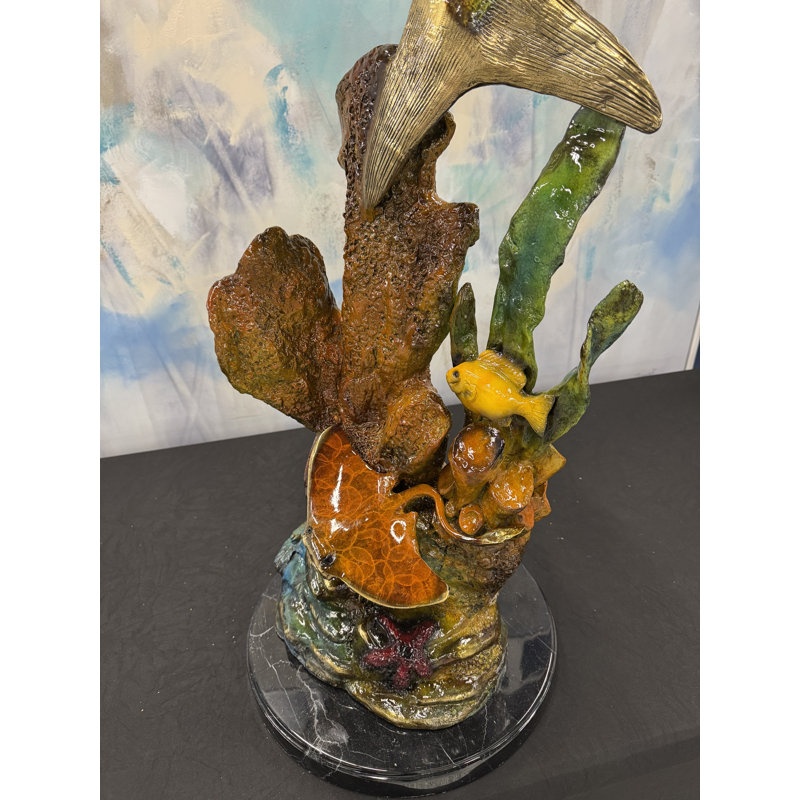 Sculptures & Beyond Mahi Mahi (Dorado) with Coral Cast Bronze Sculpture – Lost-Wax Bronze with Hand-Applied Patina on Black Marble Base – Coastal & Nautical Decorative Art for Home, Garden, Poolside & Outdoor Décor – Emerald Triumph – 50"H