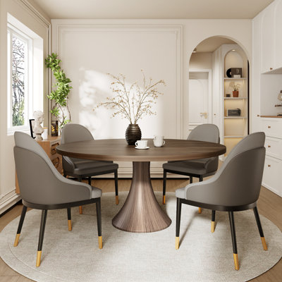 Ensemble de table de salle à manger en bois massif Mid-Century à piédestal rond avec chaises en bois massif noir Boydton