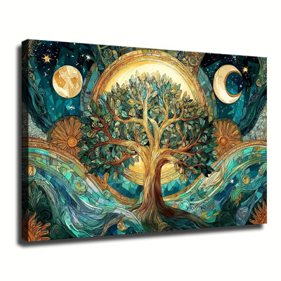 Stained Glass Style Tree Of Life With Sun Moon And Star Celestial Art, Large Gallery Wrapped Canvas Wall Art Print For Living Room Bedroom
