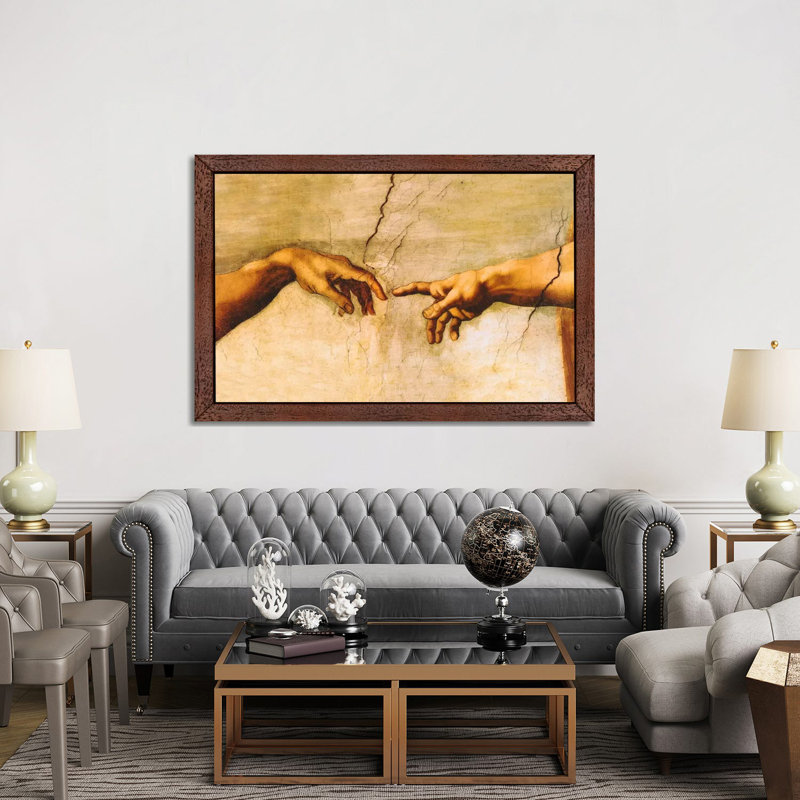 The Creation Of Adam, C.1510 by Michelangelo - Floater Frame Painting on Canvas, 101.6 cm H x 66.04 cm W, Brown Framed